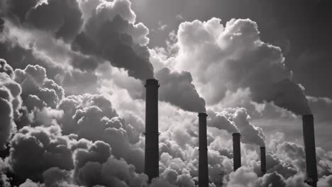 industrial smokestacks emitting pollution in black and white