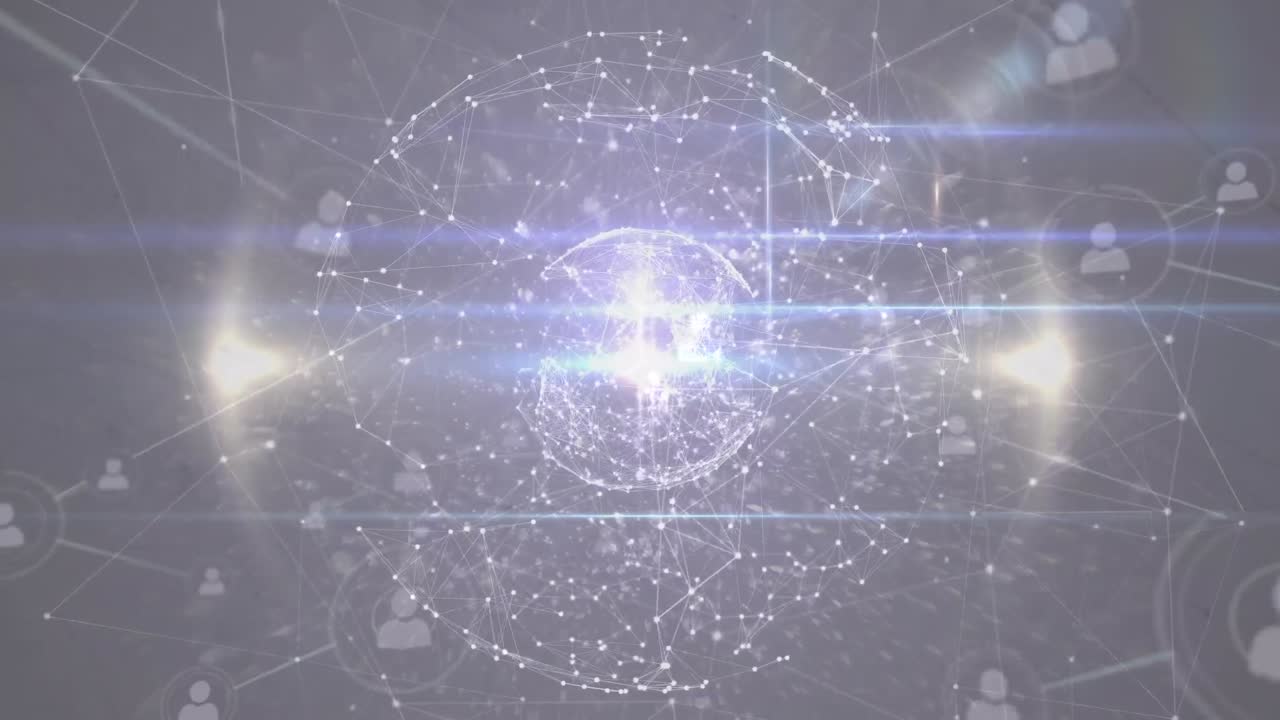 animación de la red de conexiones con iconos y formas sobre fondo azul