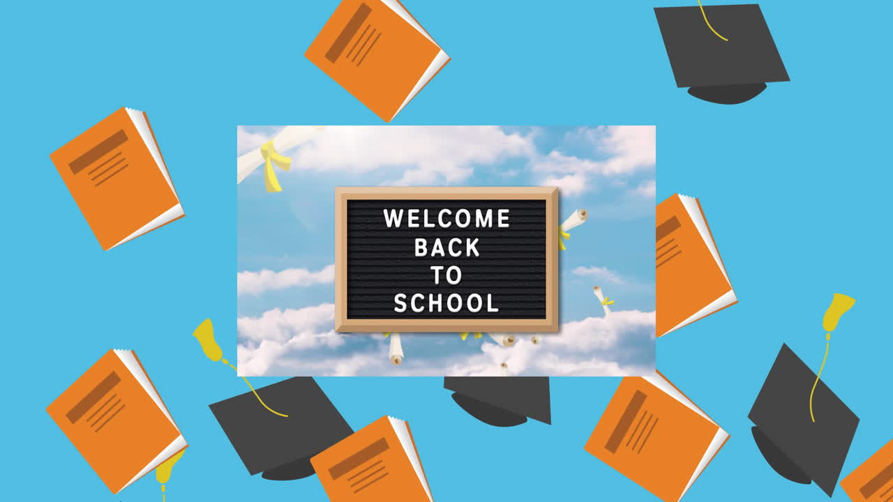 졸업 모자 와 책 아이콘 이 푸른 배경 에 나무 슬레이트 에 있는 학교 텍스트 에 다시 떨어지는