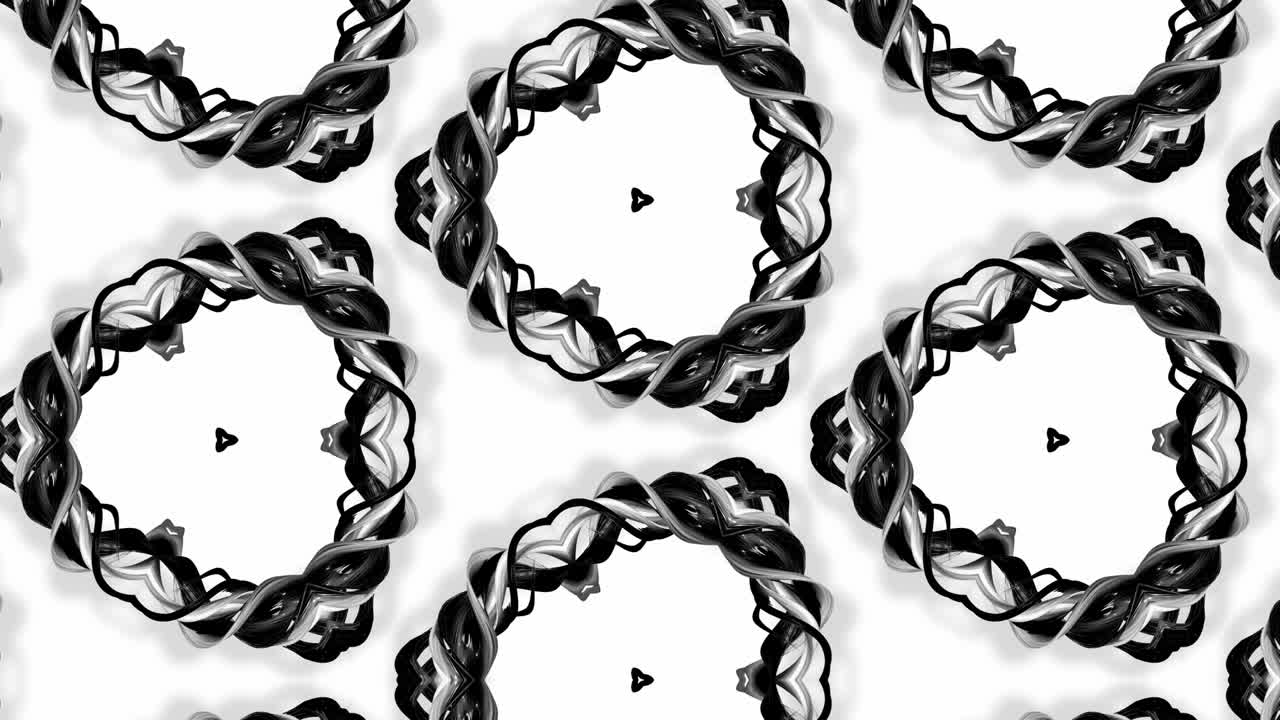 animazione a loop 4k senza cuciture di disegno in bianco e nero con nastri sono contorti e formati strutture complesse come disegno ornamentale simmetrico o effetto caleidoscopico