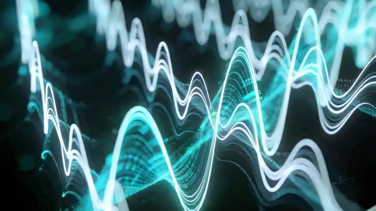 Starting with neon arcs, layered waves shifting across dark void, with dotted mesh specks for depth
