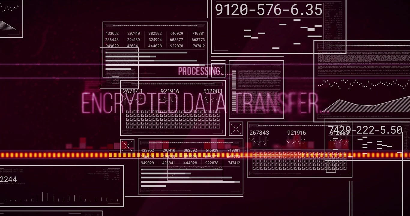 Wireframe animating on load orange bar scanning ENCRYPTED DATA TRANSFER pulsing showing secure flow