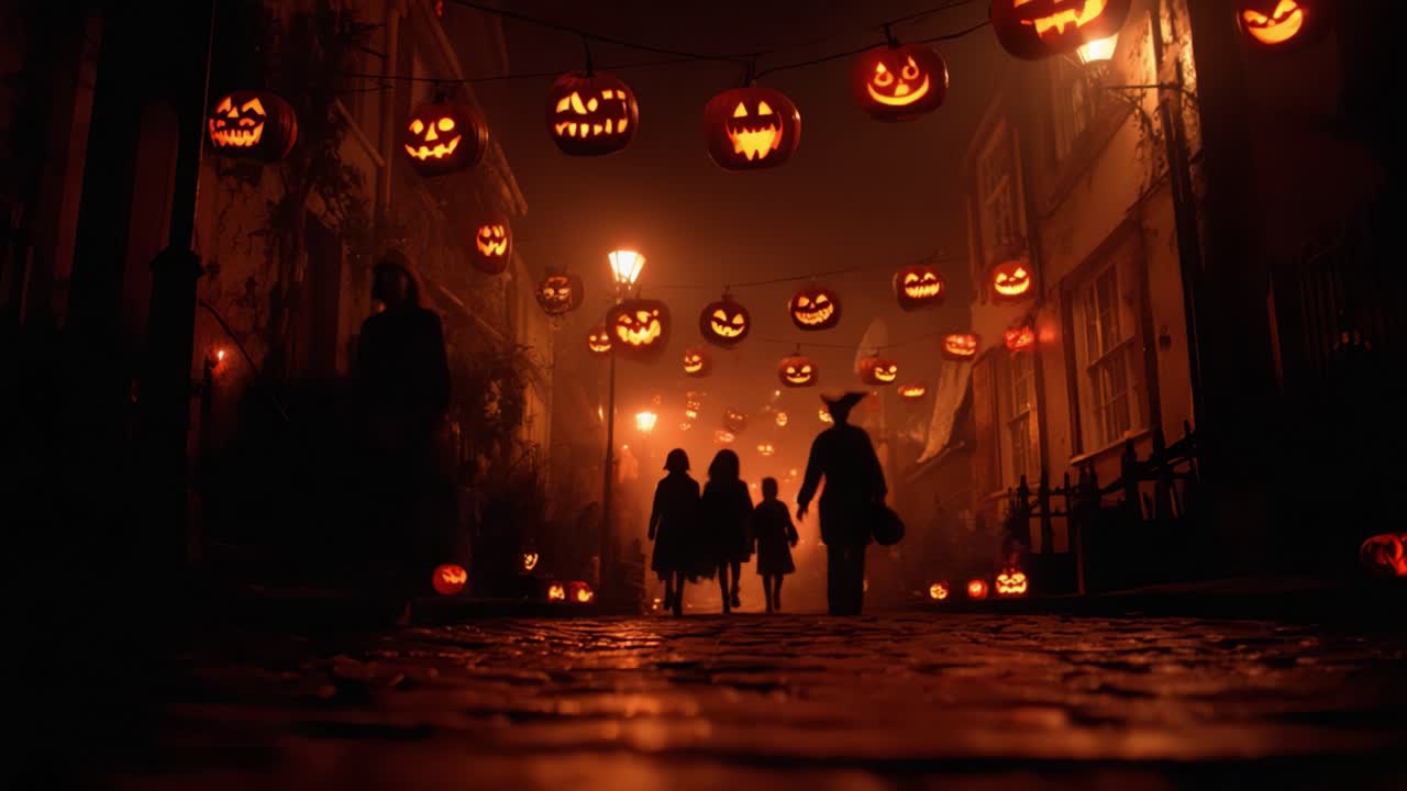 Enchanting Halloween Night with Pumpkin Lanterns and Shadowy Figures Roaming the Cobblestone Streets Amidst the Spooky Atmosphere of the Celebration