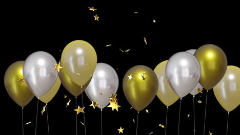 Animation-of-gold-and-silver-balloons-with-stars-on-black-background