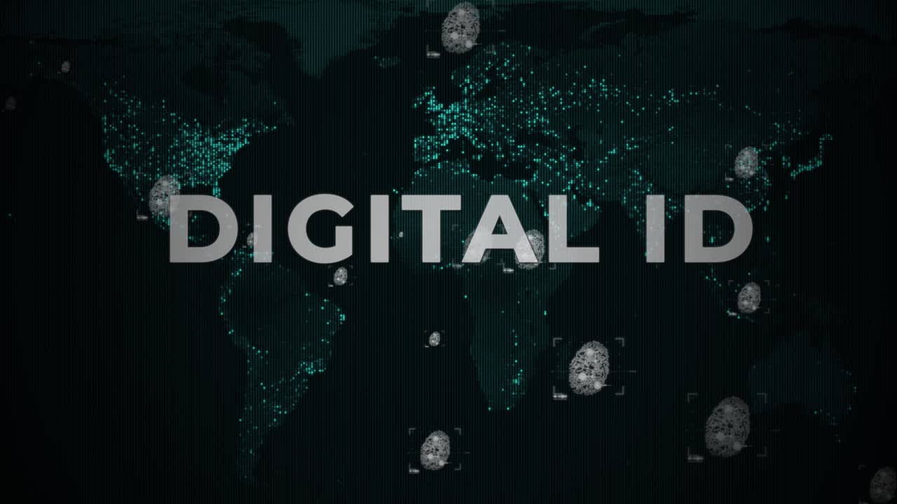 지도와 지문 위에 글리치 효과를 가진 디지털 id 텍스트