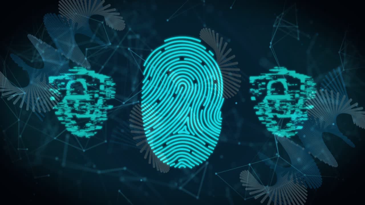 Cyan segments appearing forming ID print while nodes morphing into shields showing protection
