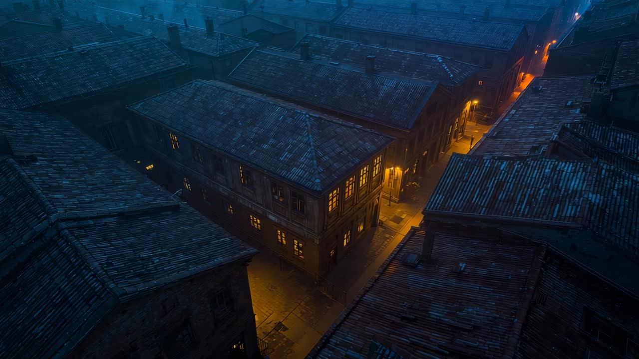 Starting aerial camera gliding over tile rooftops at night, showing glowing lamps, arched passage