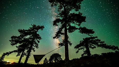 milky way moving through the night sky over camp ground in the forest