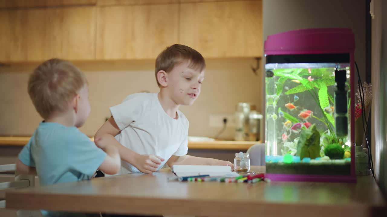 Two boys sit at table near aquarium filled with colorful tropical fish, one boy points and reaches toward glass with curiosity while other watches closely, surrounded by scattered markers in kitchen setting