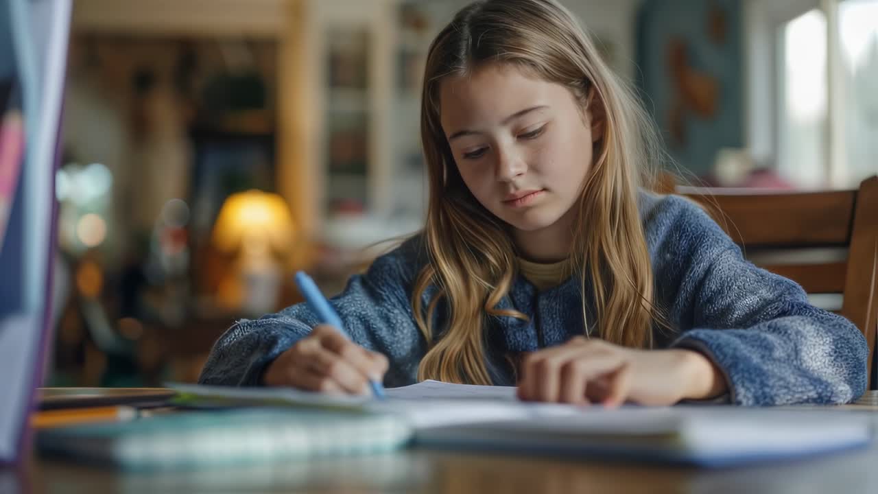 Young student diligently writing notes in notebook while sitting at wooden table, studying intently inside cozy living room with natural light