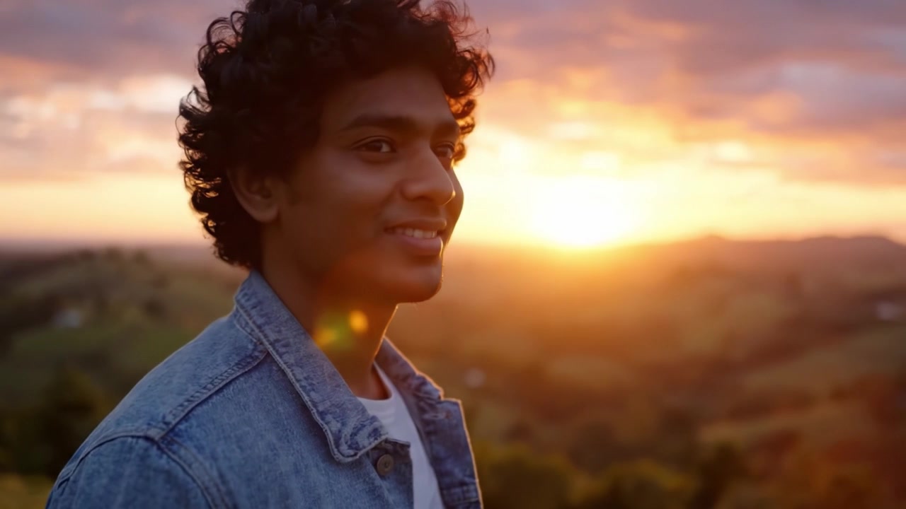 A Moment of Reflection: A Young Man Enjoying a Beautiful Sunset Over Rolling Hills, Embracing the Serenity and Beauty of Nature in His Surroundings