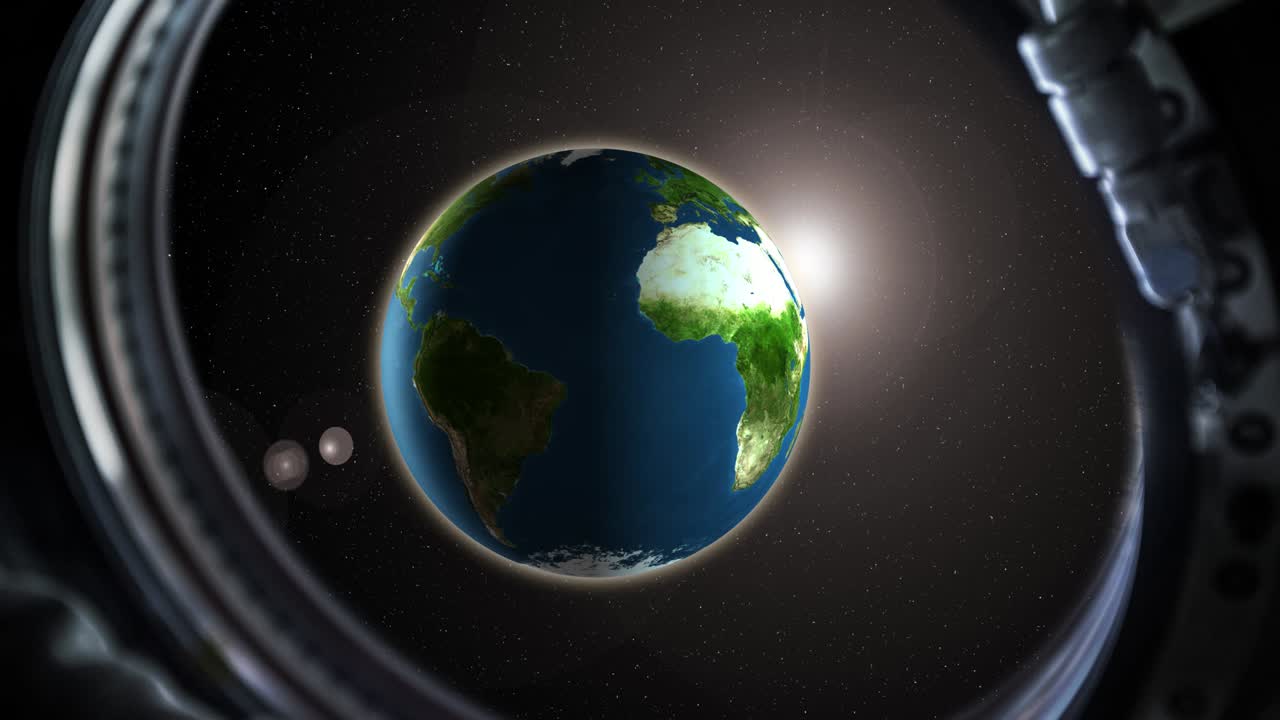 Departure from Earth on a spaceship. a sharp hyper-jump in space. The receding planet Earth through the porthole of a spaceship. realistic 3d animation