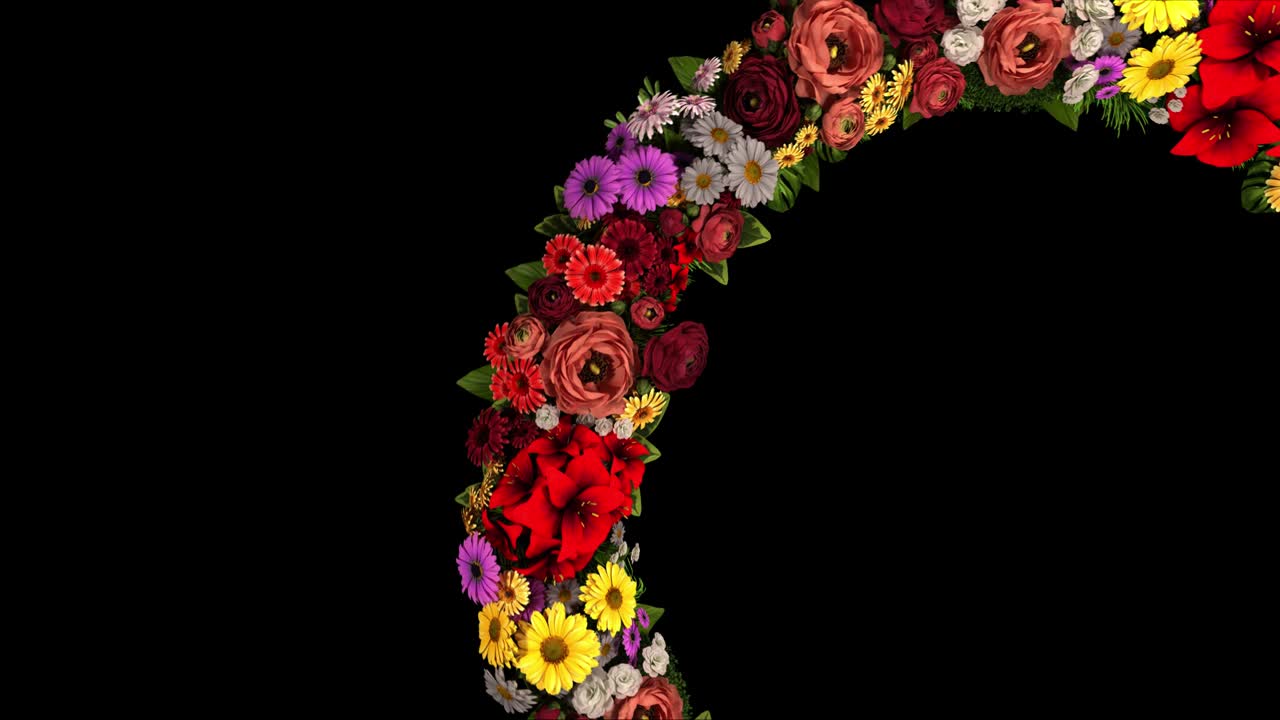 анимация вращающегося кольца цветов на черном фоне. цикл видео 4k