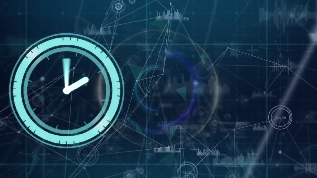 Animazione di orologio al neon che ticchetta su una rete di connessioni e un globo su sfondo blu