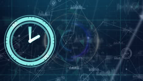 animación de un reloj de neón que hace tic-tac a través de una red de conexiones y un globo sobre un fondo azul