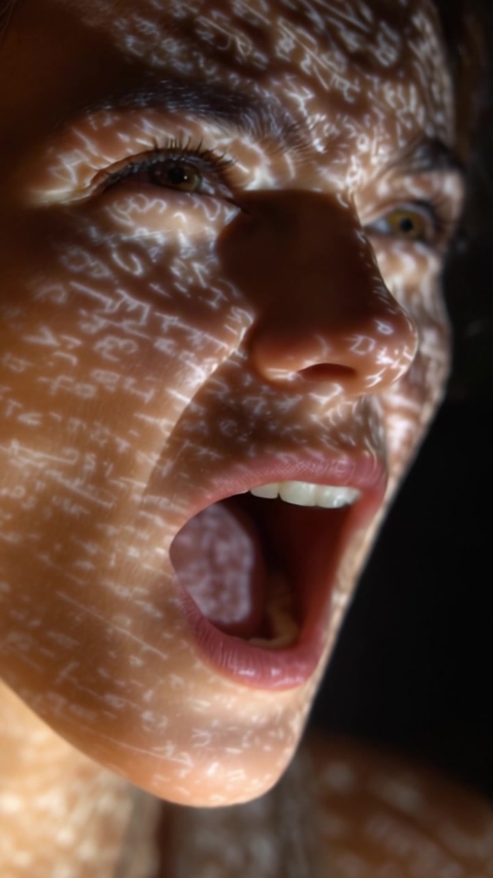 Un'espressione accattivante di emozione evidenziata da intricate proiezioni sul viso, che mostra l'interazione di luce e ombra in una mostra artistica unica.