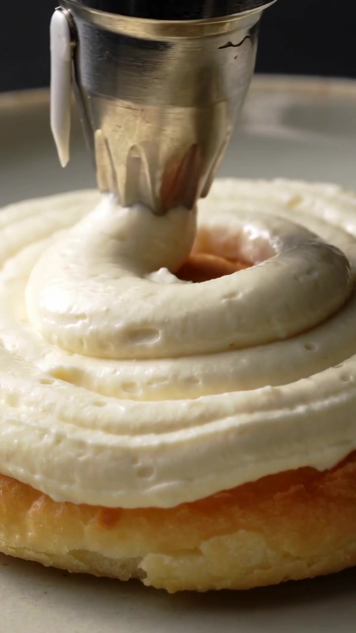 Vertical video: Pressing piping bag metal tip piping cream decorating pastry on tray dark backdrop