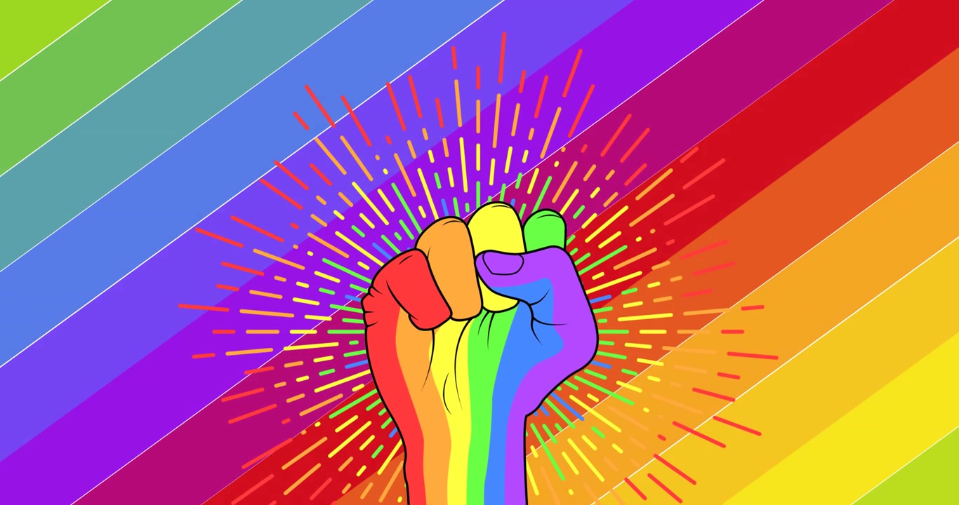 Animation of rainbow fist over rainbow stripes