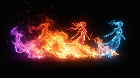 A captivating display of ethereal fire and ice spirits, dancing gracefully in a mesmerizing ethereal glow, blending colors of flame and light in a captivating artistic expression