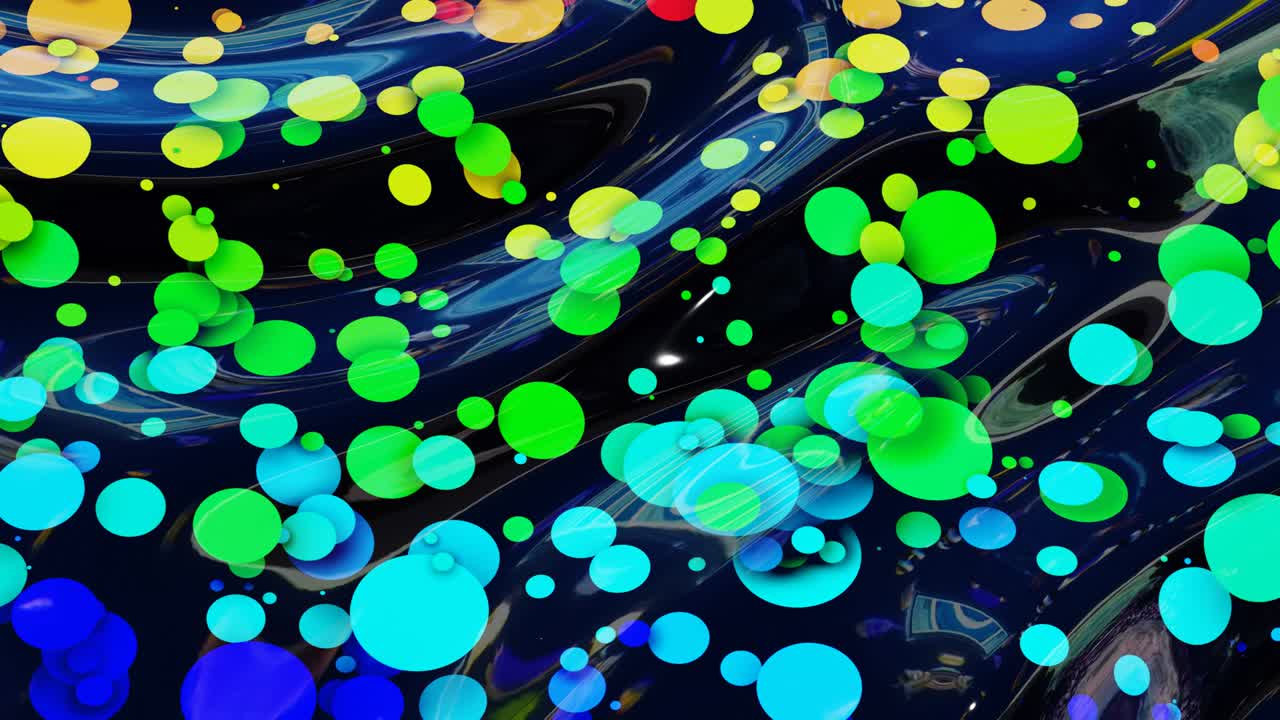 abstract looped background of shiny glossy surface like wavy liquid with rainbow color circles float like drops of paint in oil. Beautiful creative background with color gradient in 4k.