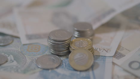 Close-up-pan-of-polish-money-with-zloty-coins-and-banknotes-on-table