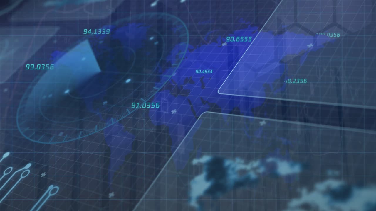 검은 바탕에 있는 세계 지도 위의 데이터 처리 애니메이션