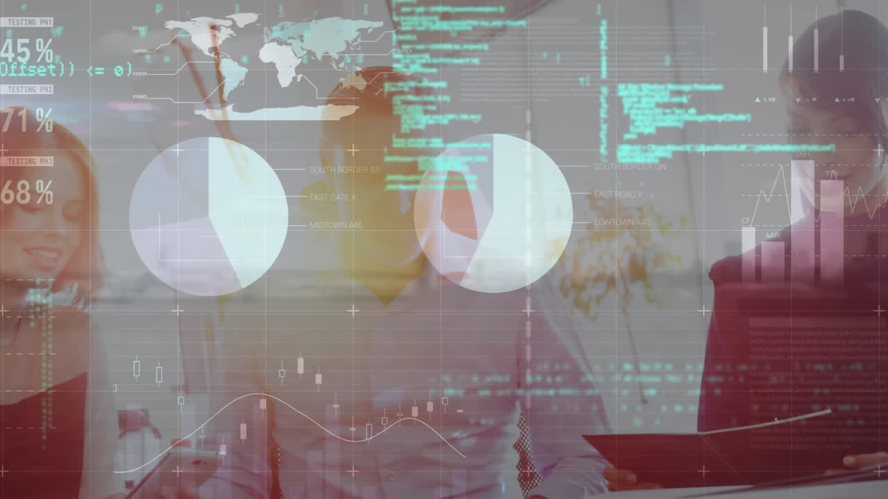 animación del procesamiento de datos estadísticos sobre diversos empresarios discutiendo juntos en la oficina