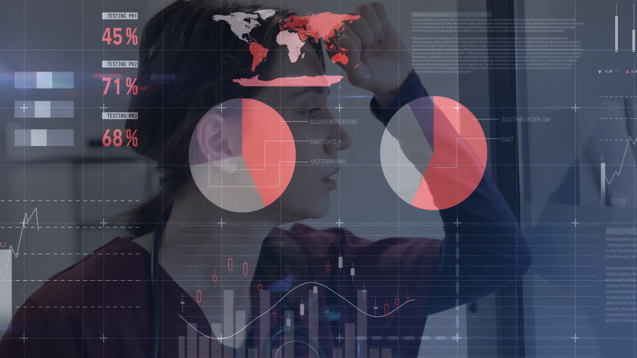 Analyzing global data animation, medical professional with charts and graphs in school setting