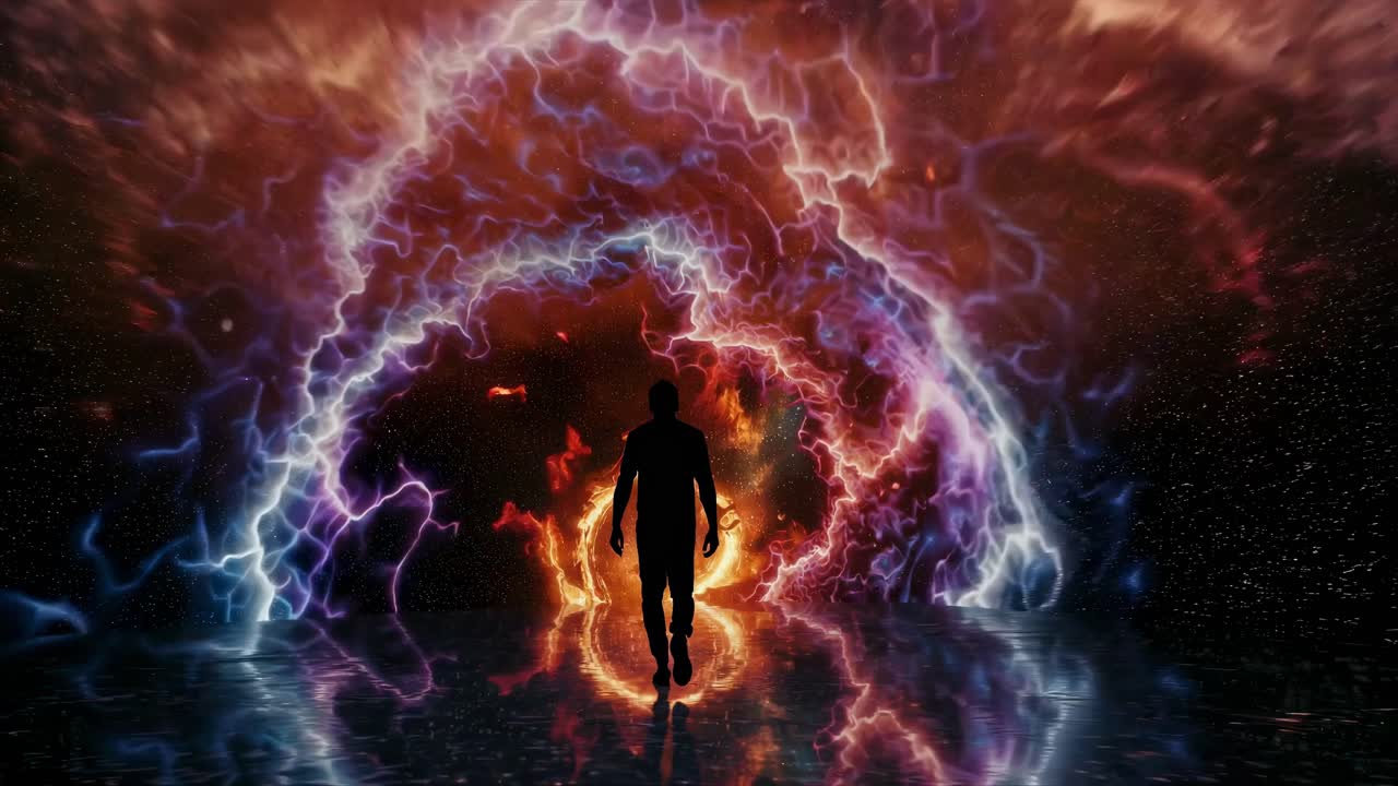 Silhouette of a person walking into a cosmic portal with vibrant colors