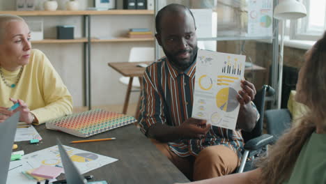 african american businessman in wheelchair speaking with coworkers at office meeting