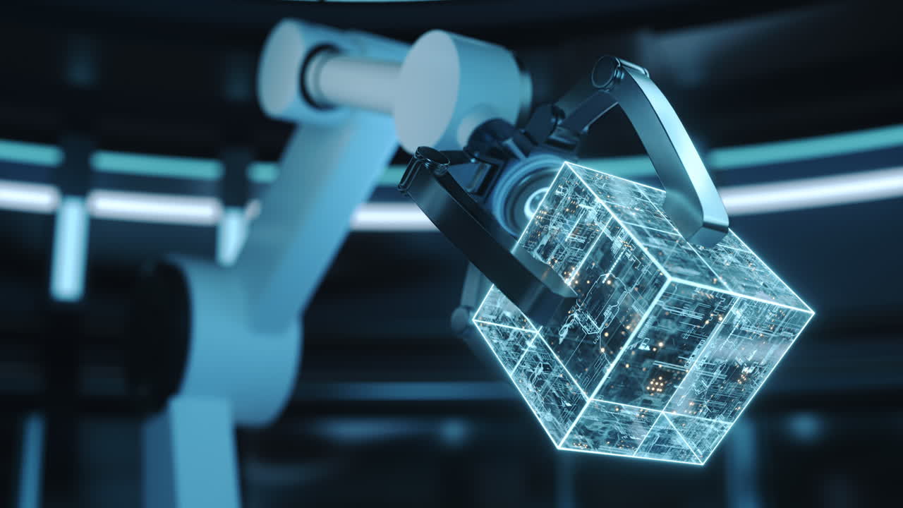 Mechanical arm and cube in a futuristic room, 3d rendering.