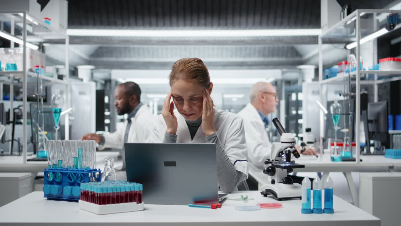 Ricercatore di nanotecnologie sofferente si massaggia le tempie in laboratorio.