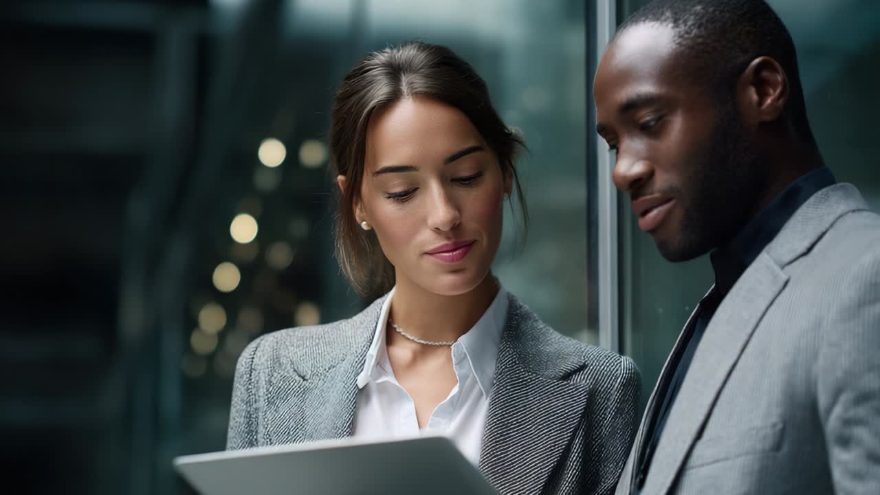 Professional Interaction between Two Colleagues Engaged in a Discussion while Reviewing Information on a Tablet in a Modern Office Setting with Soft Lighting and a Contemporary Atmosphere