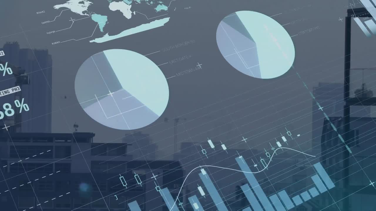 Animation of statistical data processing over grid network against aerial view of cityscape