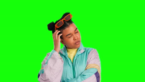 Green-screen-face,-idea-and-thinking-woman