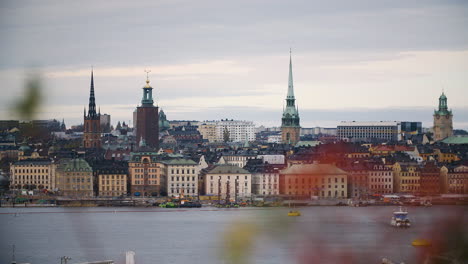 Statische-Aufnahme-Der-Altstadt-Von-Stockholm,-Blätter-Im-Vordergrund