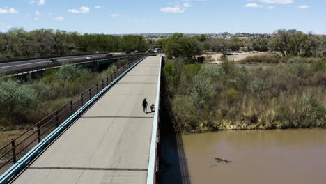 person walking dog on bridge over rio grande river in albuquerque, new mexico - aerial