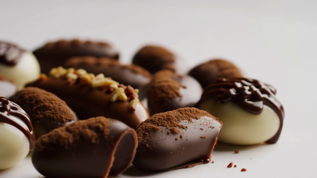 Nahaufnahme Verschiedene Schokoladentrüffel auf weißem Hintergrund, Gourmet-Pralinen mit Zartbitterschokolade beträufelt