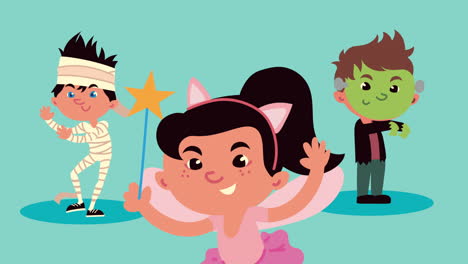 halloween animation of mummy and fairy with frankenstein