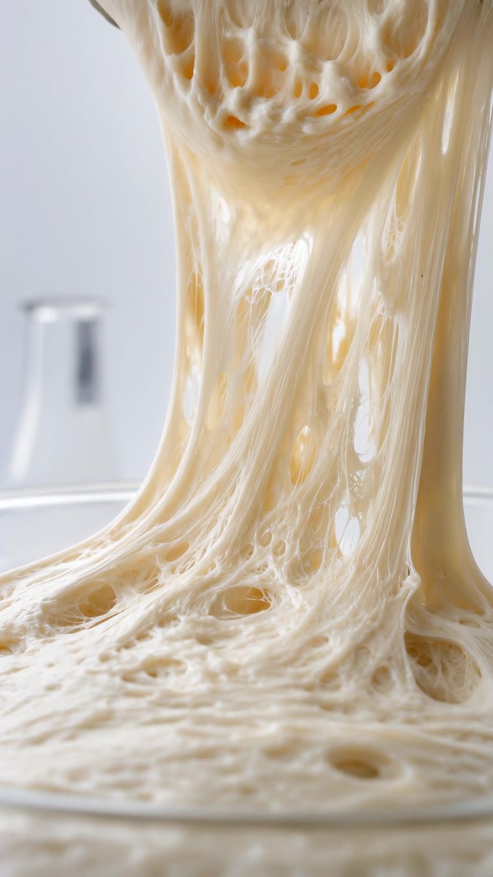 Macro motion of pale ivory dough lifted above glass bowl, stretching into long translucent strands, tapered ribbons and irregular holes that reveal dense fibrous gluten network in soft kitchen light