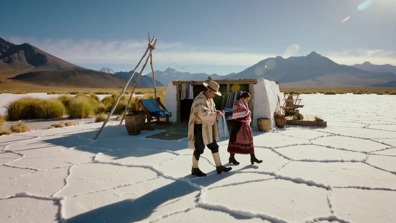 Leaving hut couple poncho and shawl walking salt flat to horizon, carrying blue blanket and bundle