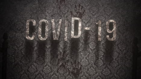 animated text covid-19 and horror background with dark hall of room