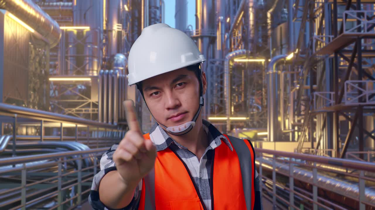 Close Up Of Asian Male Engineer With Safety Helmet Disapproving With No Index Finger Sign While Standing At A Vast Oil Refinery