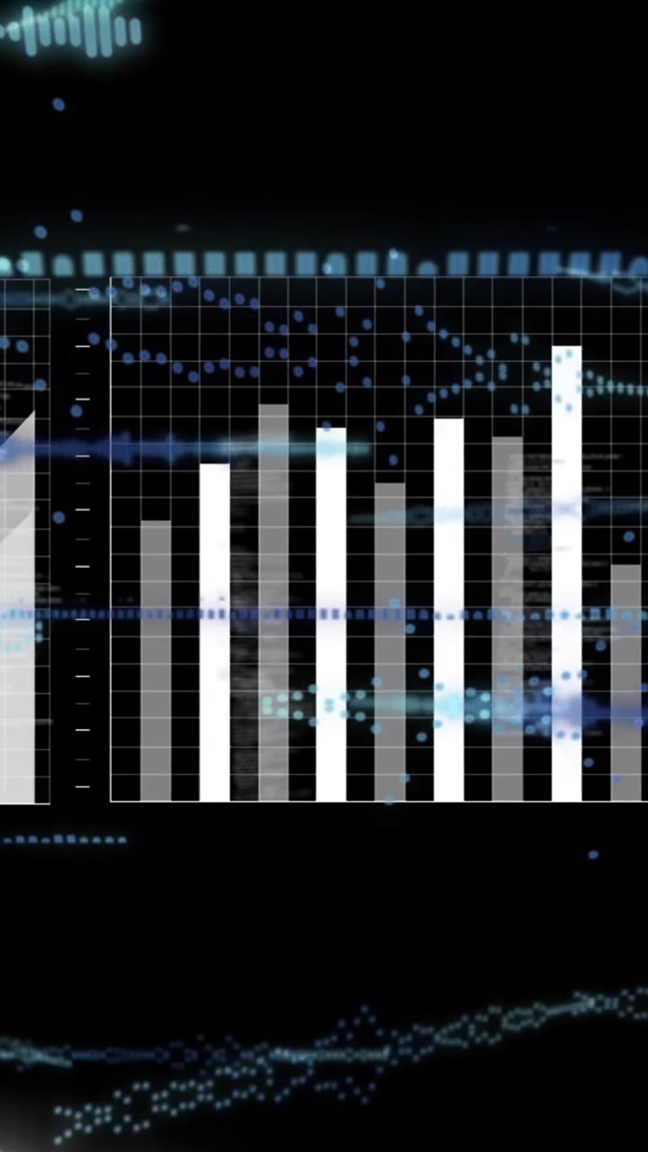 Animazione di elaborazione dati e diagrammi su sfondo nero