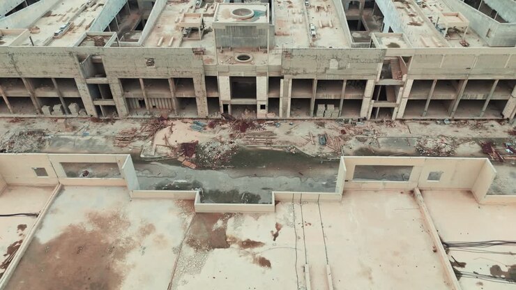 Vista aerea da drone di un enorme complesso di edifici commerciali incompleto. Scheletro di cemento fatiscente con materiali inutilizzati ed erbacce, a simboleggiare la recessione economica e lo sviluppo interrotto