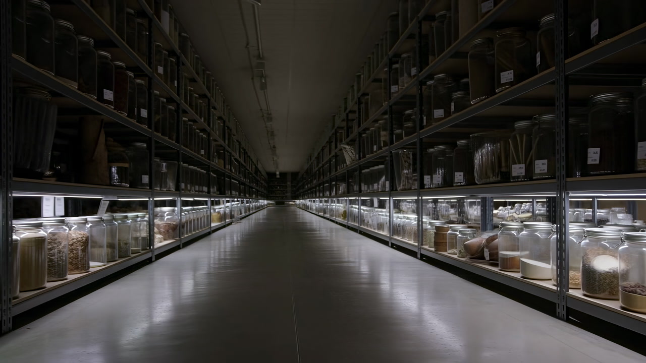 Dim Museum Archive Aisle Lined With Glass Jars And Labeled Specimens, Metal Shelving Stretching Into Vanishing