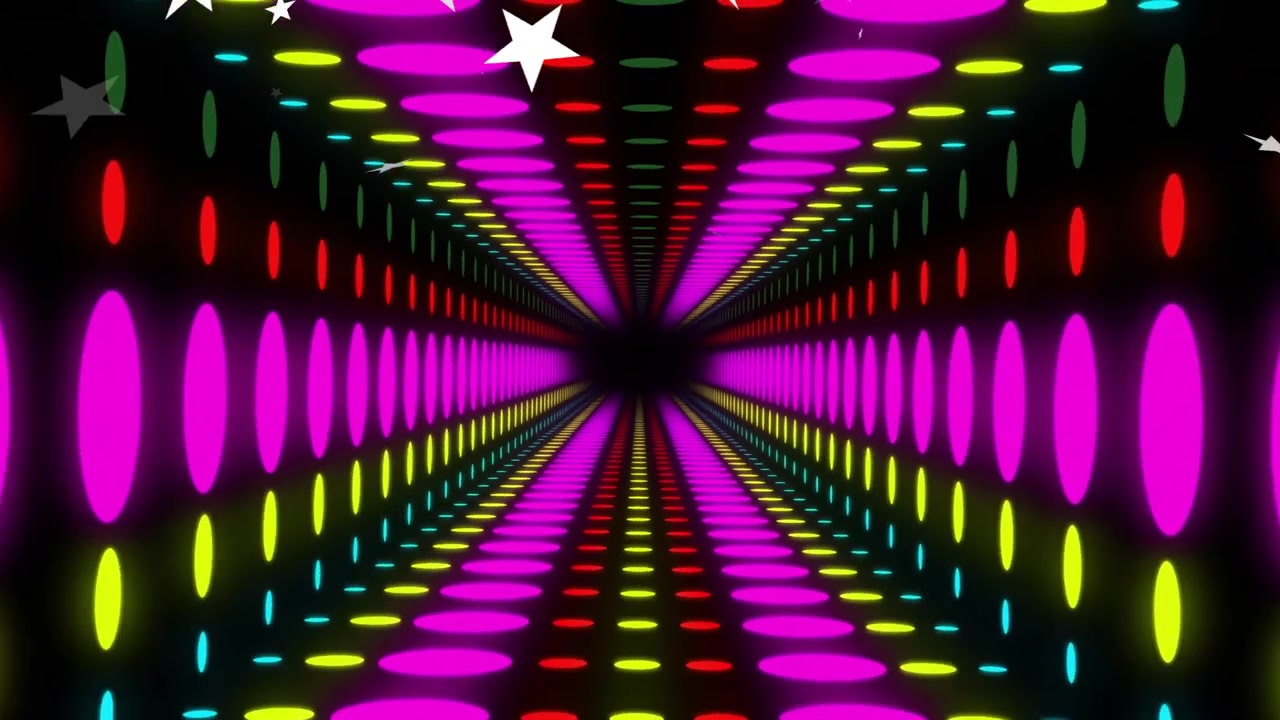 Stelle bianche che appaiono, ovali magenta che pulsano e convergono verso il centro, creando un movimento in avanti