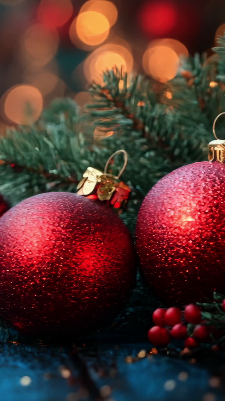 Three red Christmas ornaments are sitting on a table with green leaves. The table is blue and the lights are on, creating a warm and festive atmosphere
