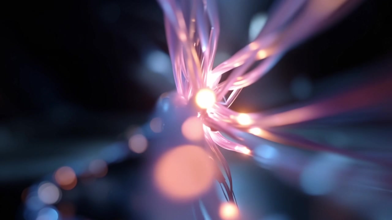 Abstract Glowing Fiber Optic Network with Pulsating Data Flow