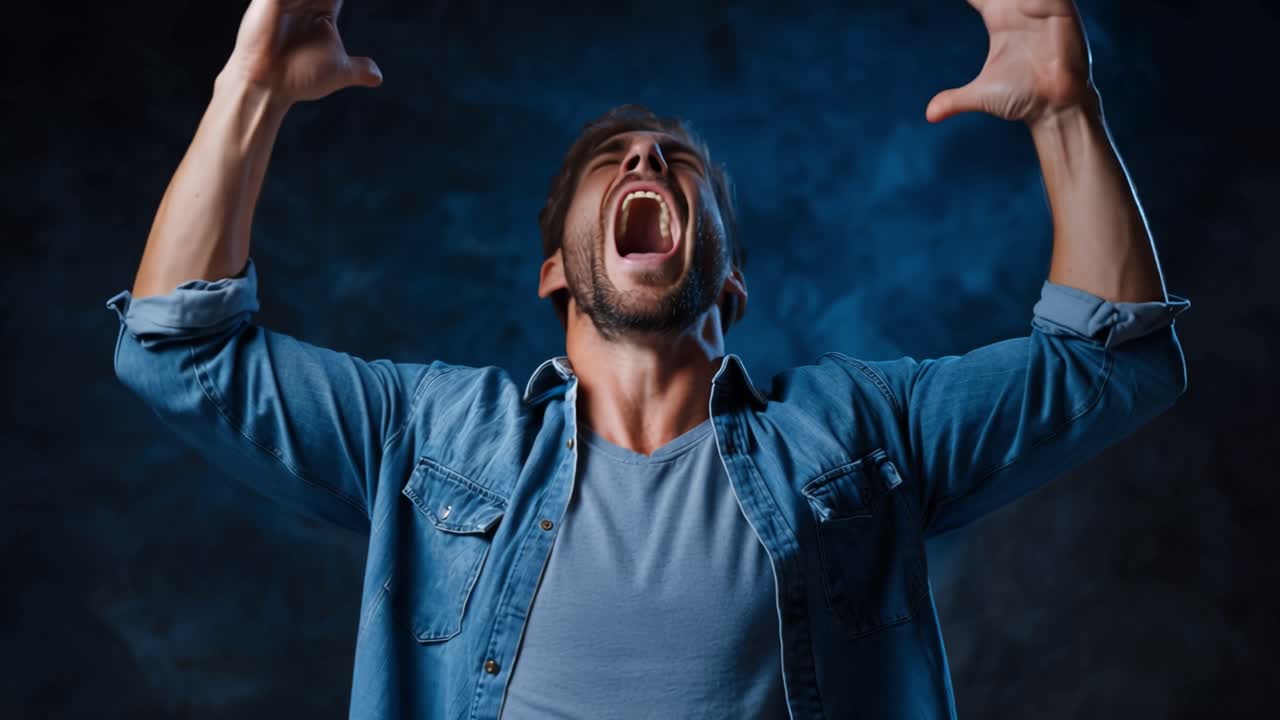 Intense Emotional Expression: A Man's Journey from Anger to Calmness Captured in Two Frames with Dramatic Lighting and Powerful Gestures